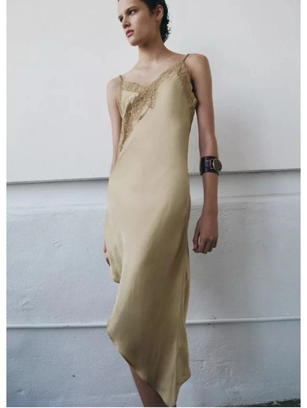Zara Zw Collection Asymmetric Satin Embroidered Slip Dress in Light Gold